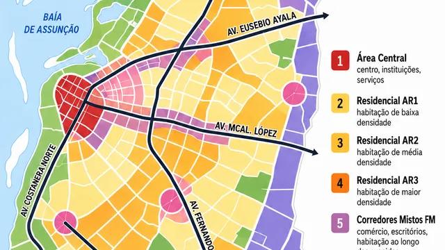 Infográfico em português sobre as famílias de zonas do Plano Regulador de Assunção
