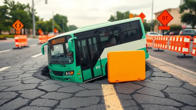 Bus gets stuck in crater in downtown Asunción during repaving work